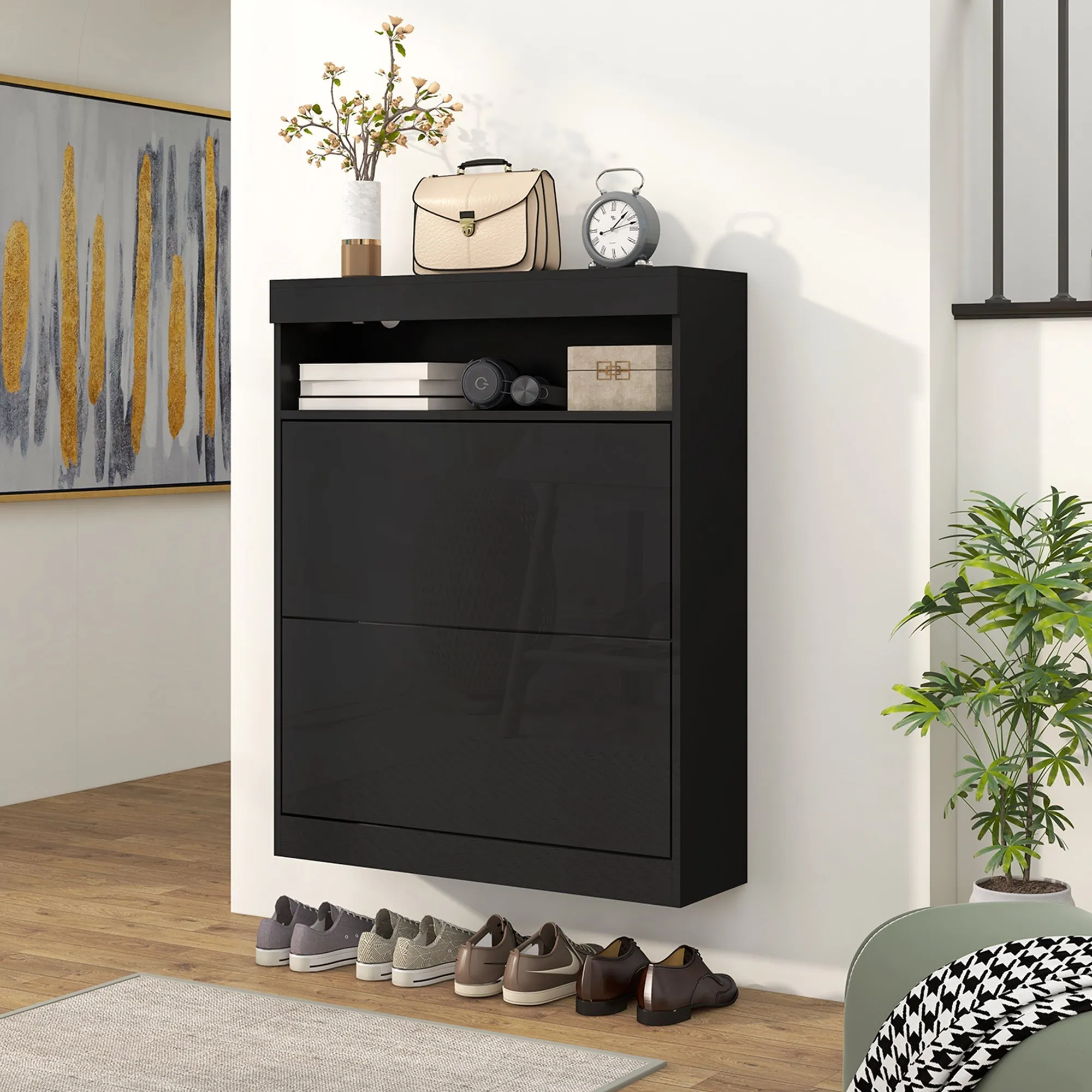 16 Shoe Pair Shoe Storage Cabinet Cupboard With Flip Doors - Black