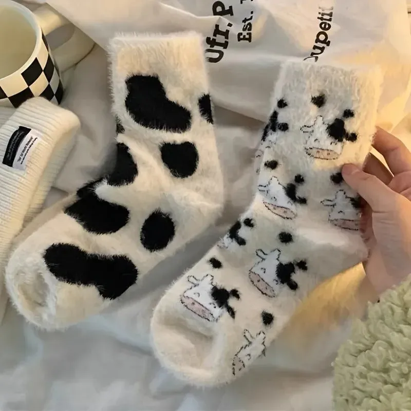 2 Pairs Cute Cow Spots Print Socks, Thickened & Warm Coral Fleece Socks, Women's Stockings & Hosiery