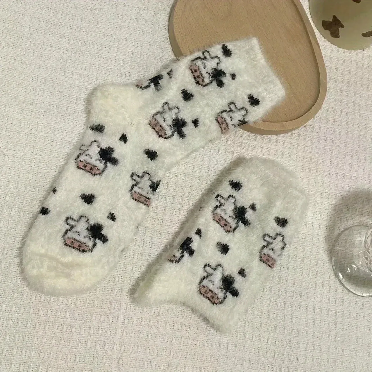 2 Pairs Cute Cow Spots Print Socks, Thickened & Warm Coral Fleece Socks, Women's Stockings & Hosiery