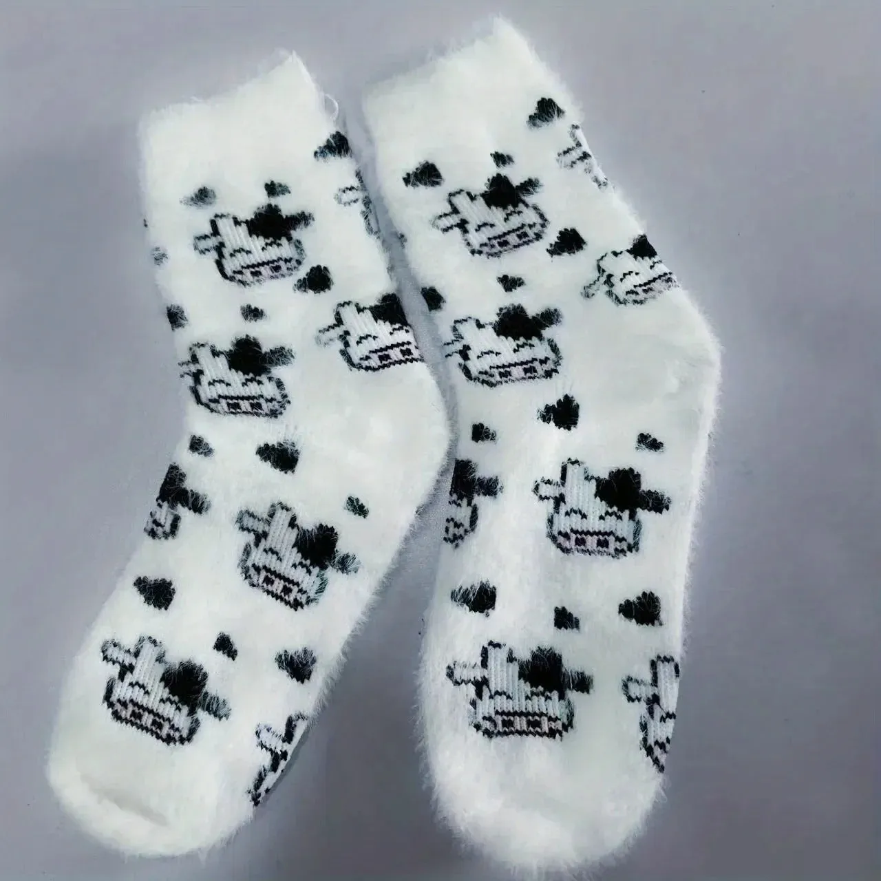 2 Pairs Cute Cow Spots Print Socks, Thickened & Warm Coral Fleece Socks, Women's Stockings & Hosiery