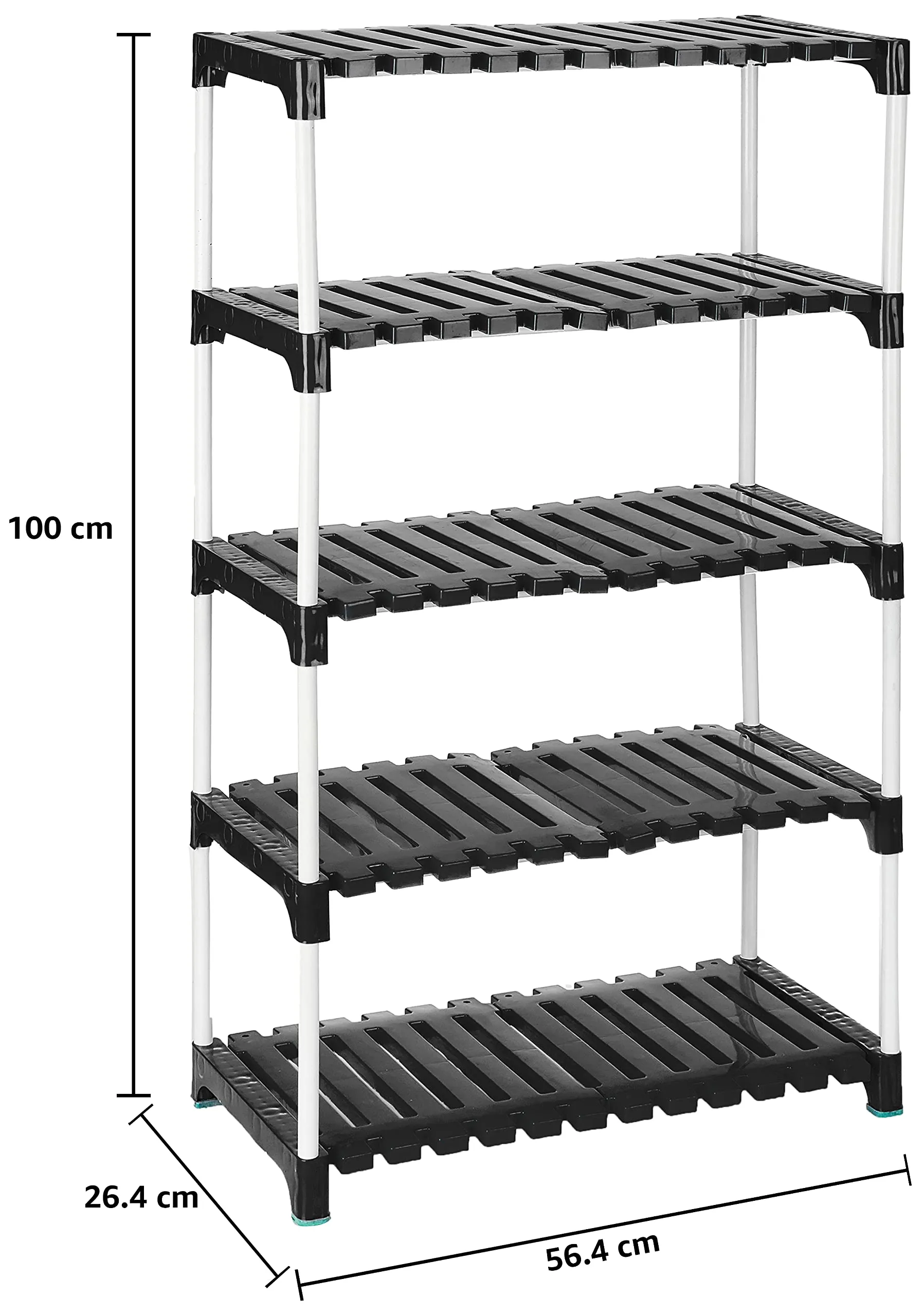 Amazon Brand - Solimo Multipurpose Rack for Shoes and Clothes, 5 Racks, Black, Plastic