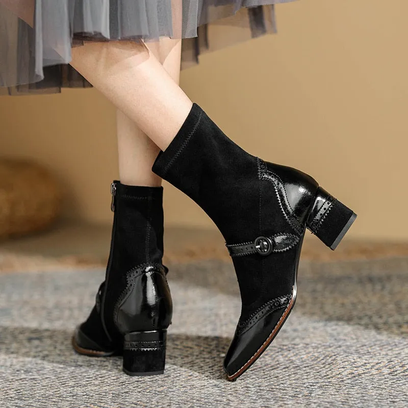 Amozae Genuine Leather Mary Jane Women Boots Fashion Retro Buckle  Ankle Boots Square Toe Thick Heel Handmade Autumn Winter Shoes Woman