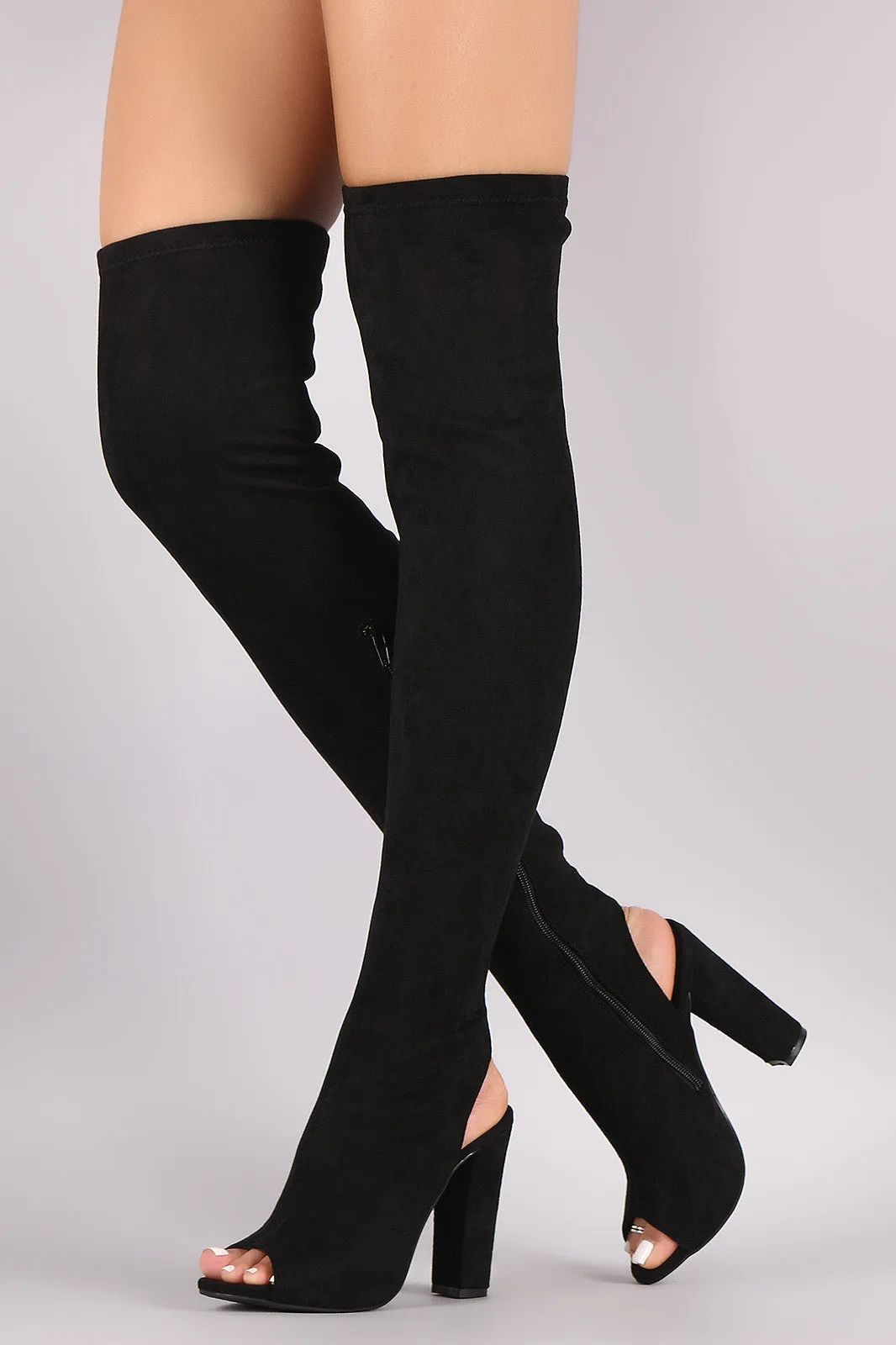 Bamboo Stretchy Fitted Over-The-Knee Open Back Suede Boots