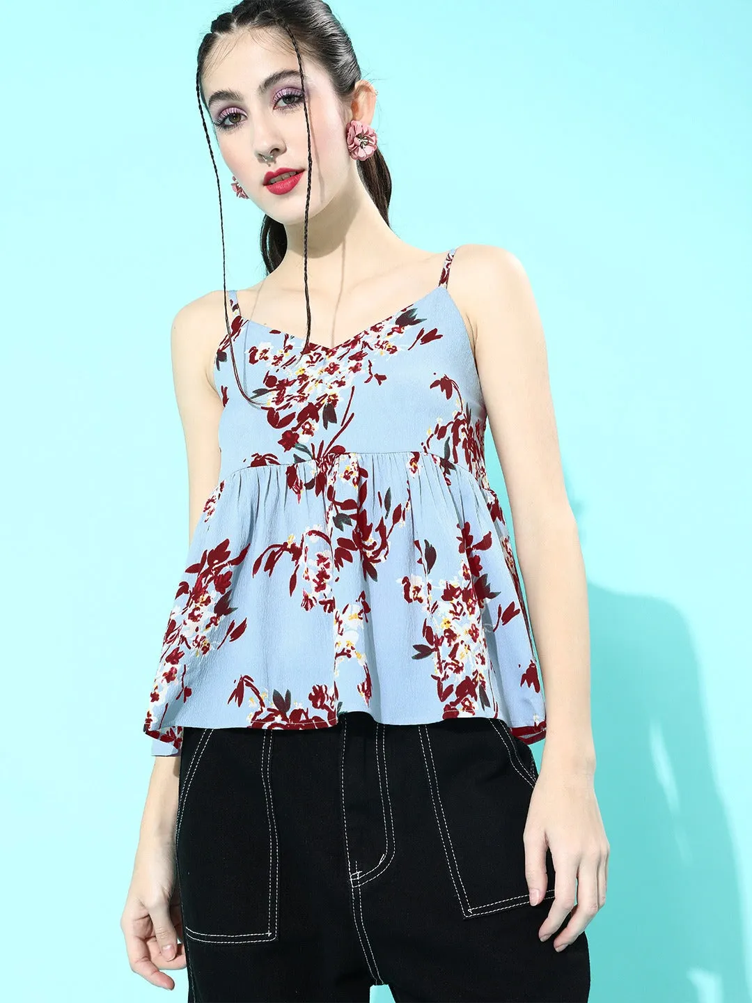 Berrylush Women Blue Floral Printed V-Neck A-Line Pleated Top