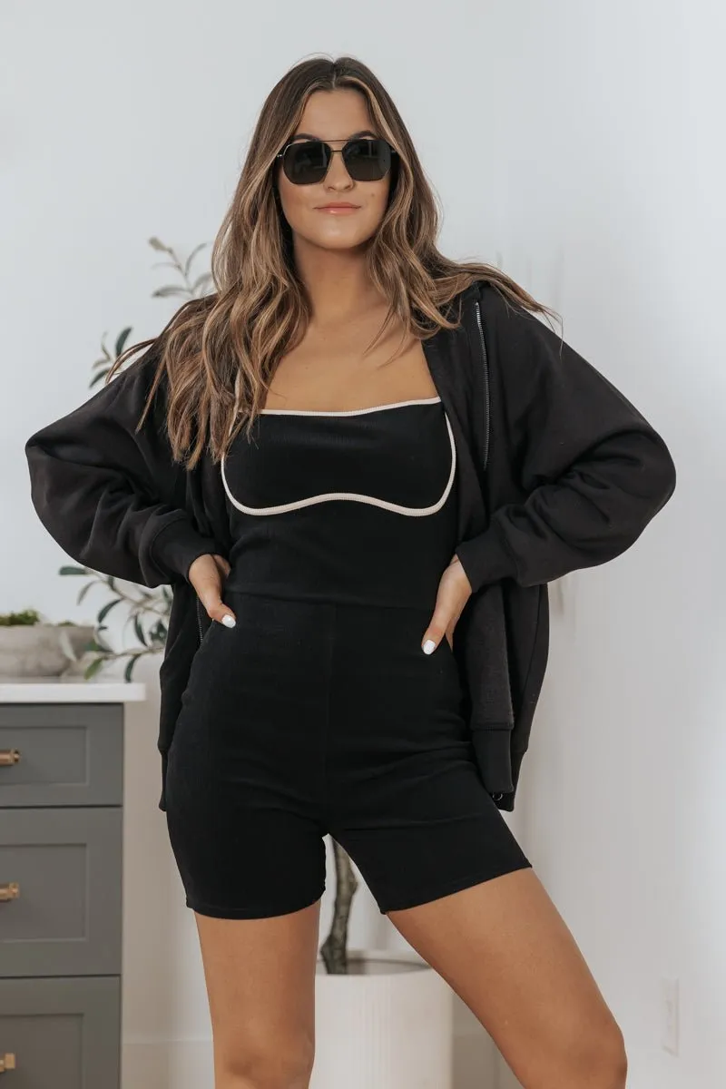 Black Contrast Ribbed Romper - DOORBUSTER