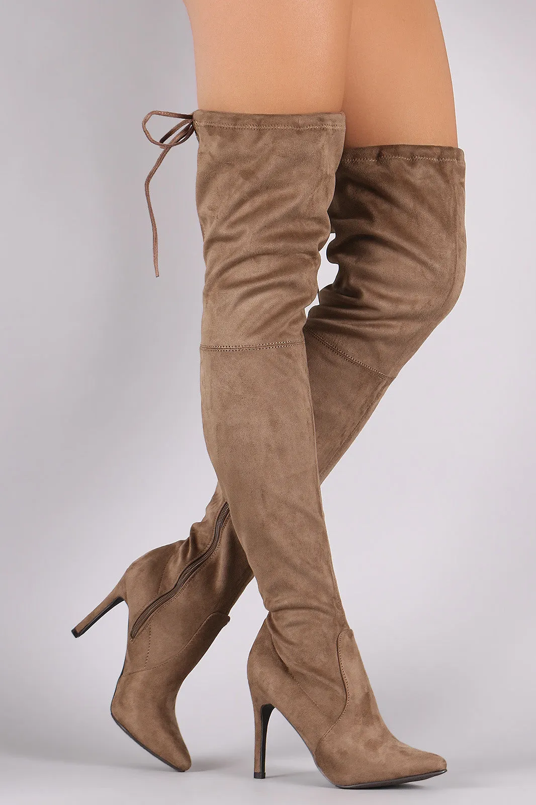 Breckelle Suede Drawstring-Tie Pointy Toe Stiletto Boots