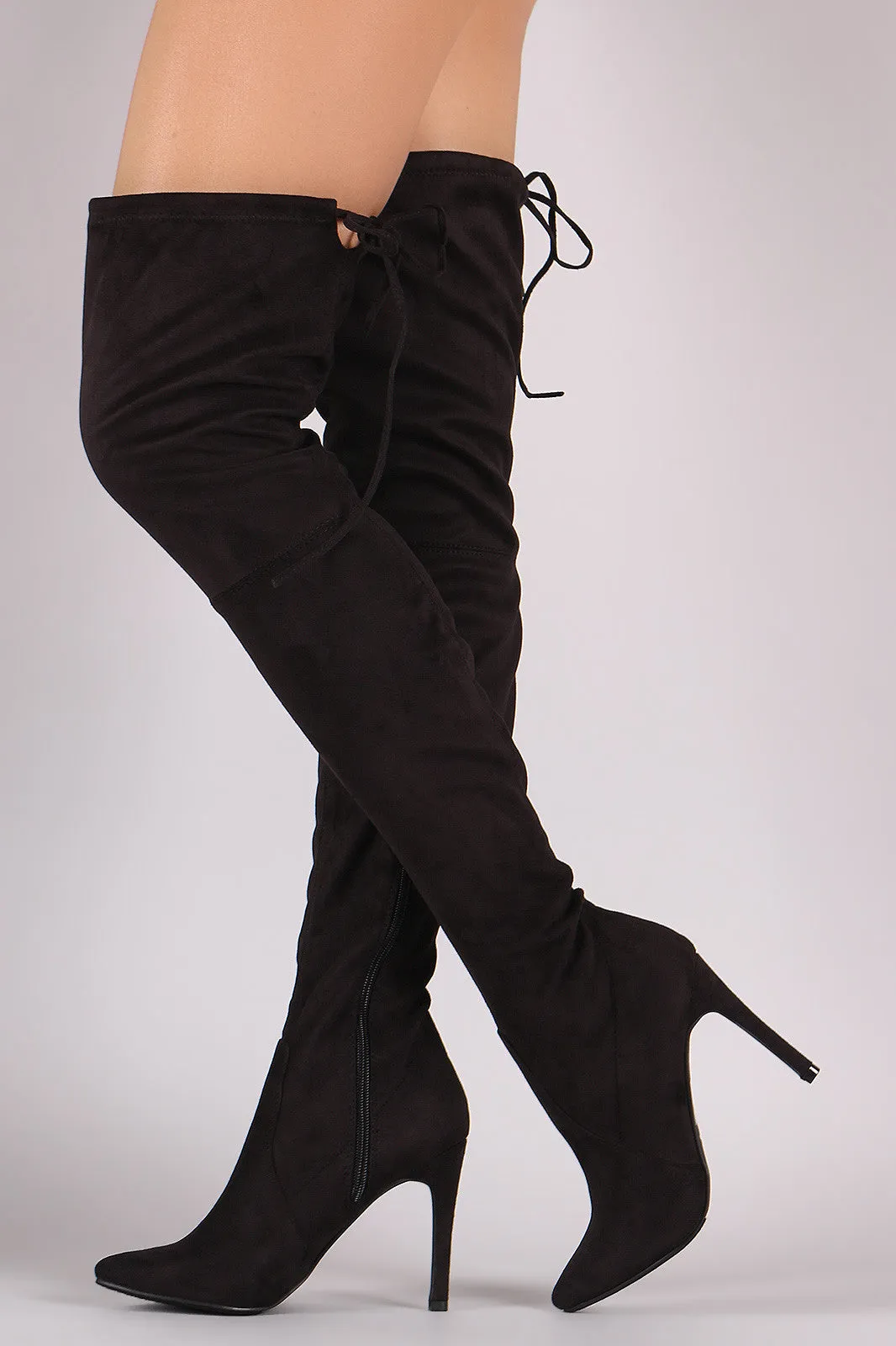 Breckelle Suede Drawstring-Tie Pointy Toe Stiletto Boots