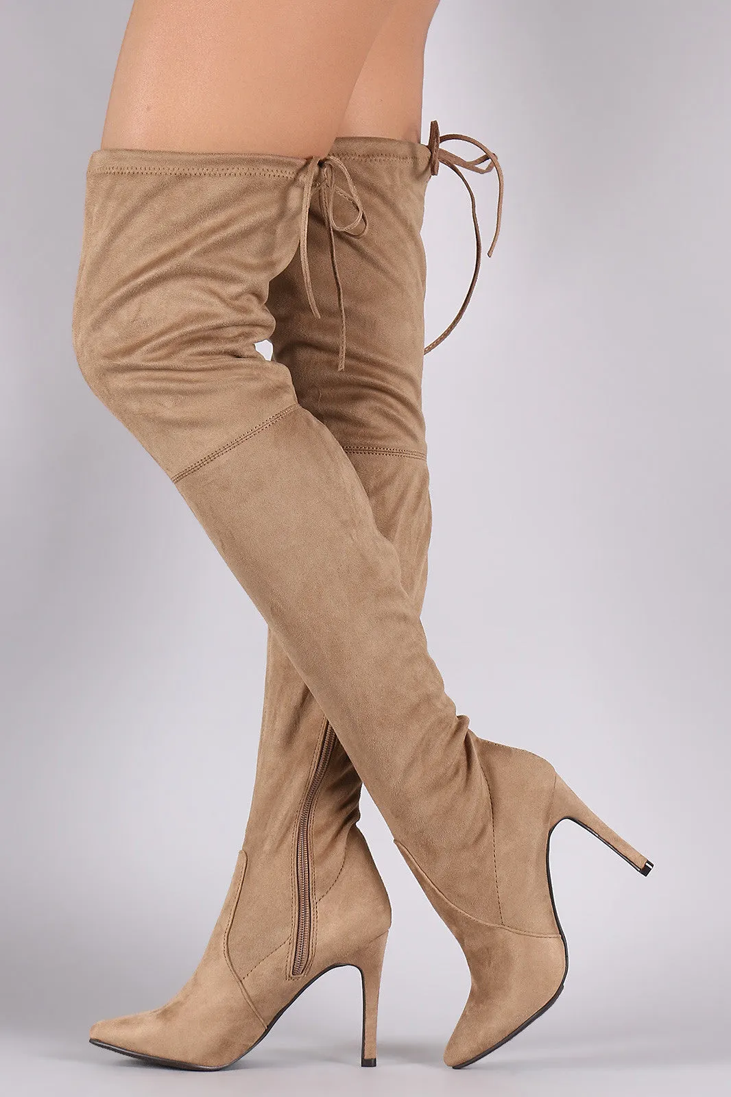 Breckelle Suede Drawstring-Tie Pointy Toe Stiletto Boots