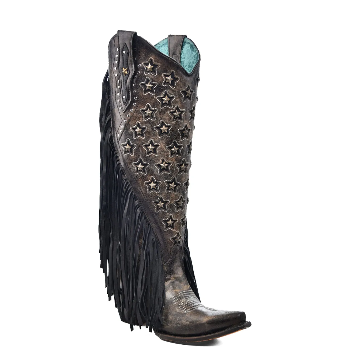 Corral Womens Stars Inlay Lamb Fringe Black Cowhide 15.5in Cowboy Boots