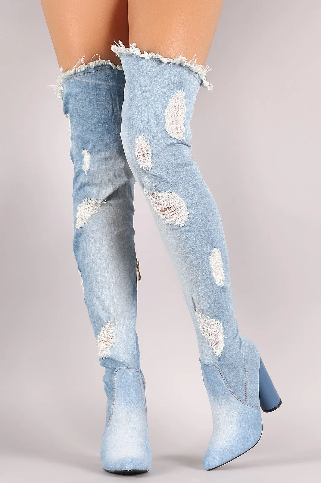 Destroyed Denim Pointy Toe Round Heeled Over-The-Knee Boots