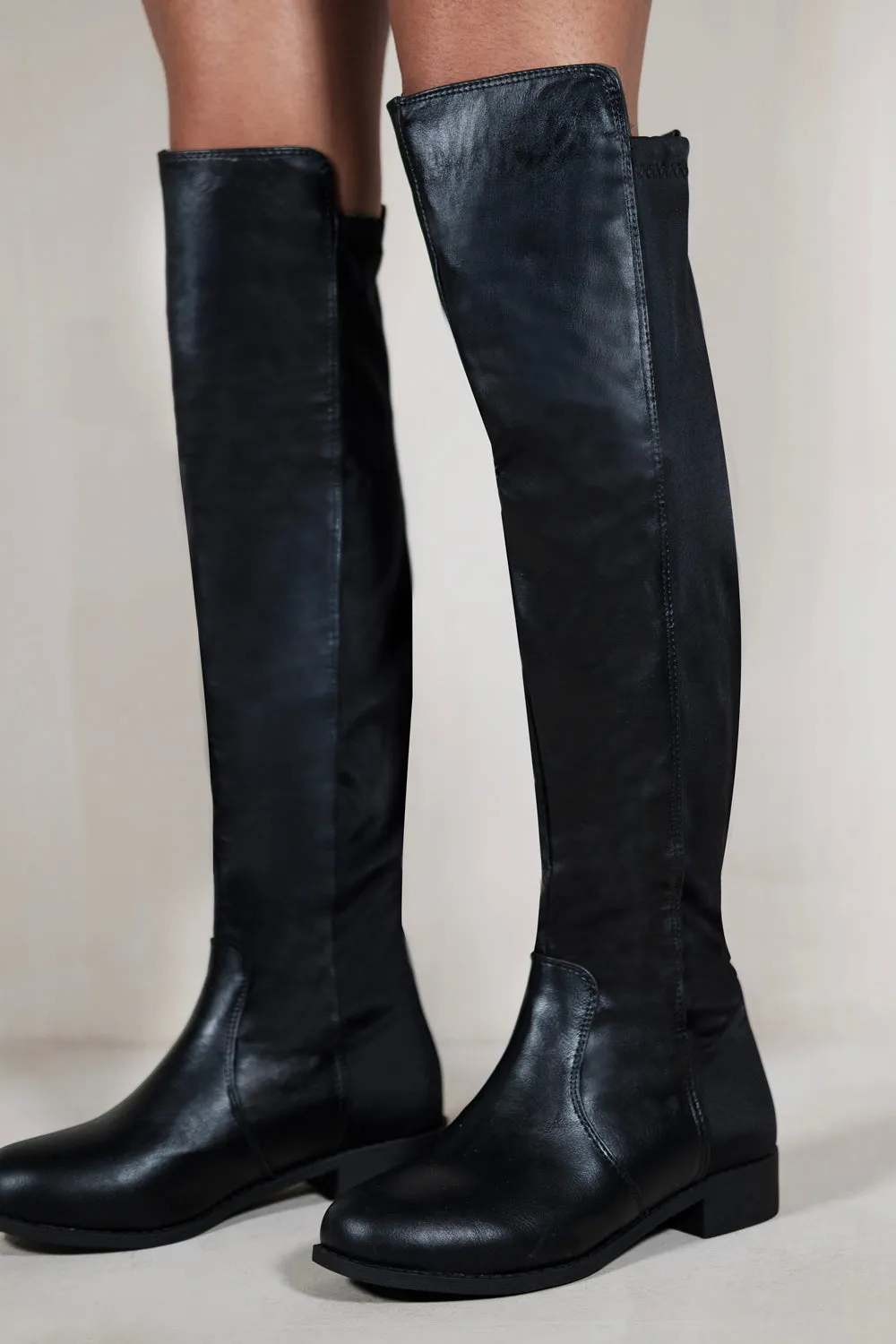 DIEM OVER THE KNEE PULL ON BOOTS WITH LOW HEEL IN BLACK FAUX LEATHER