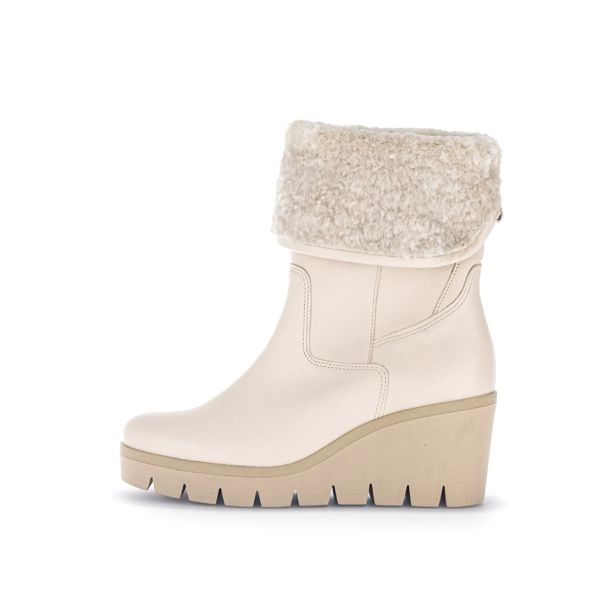 GABOR Cream Leather Wedge Boots with Faux Fur Trim 78522