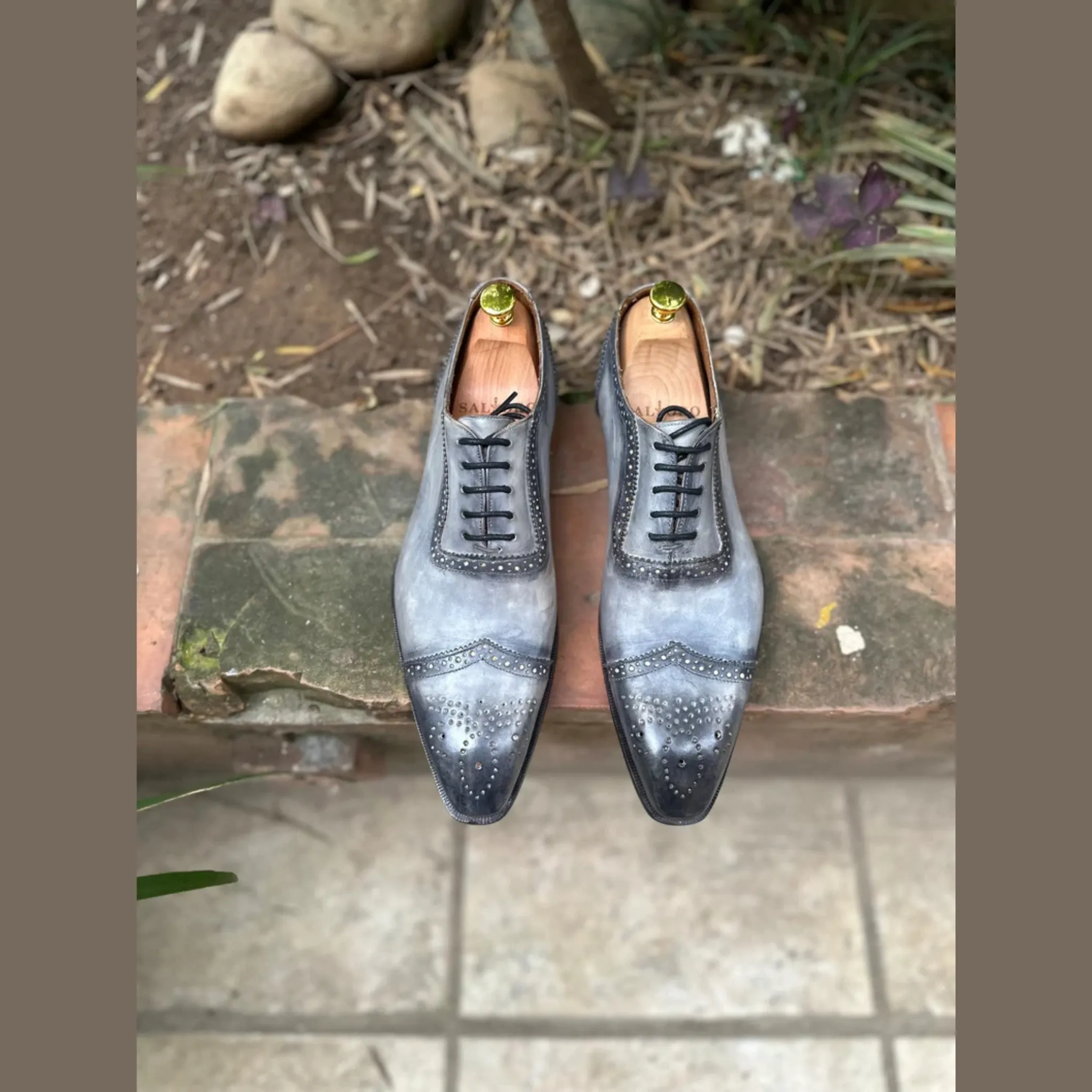 Hand-Dyed Gray Brogue Wingtip Oxford Shoes for Weddings or Formal Wear - Men's Luxury Gradient Gray Brogue Dress Wingtip Oxford Shoes