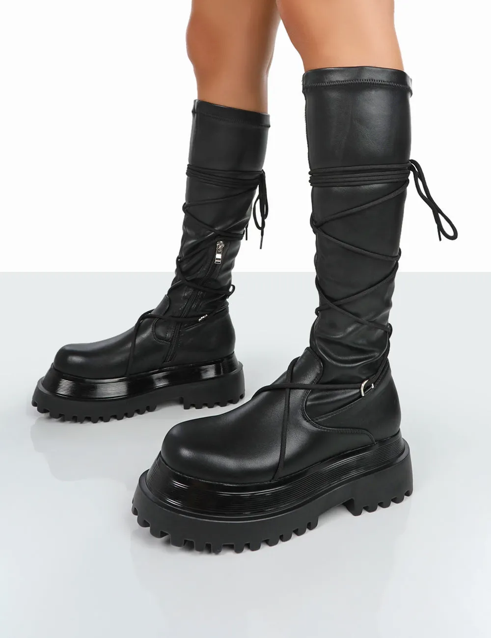 Hype Black Pu Lace up Chunky Sole Knee High Boots