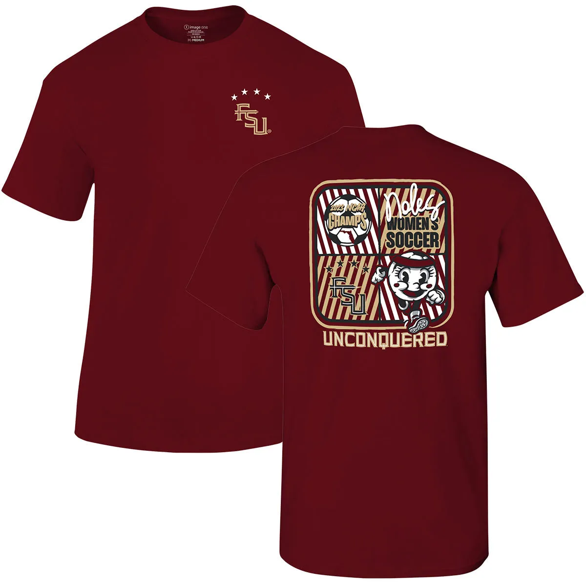 Image One Youth 2023 Noles Women's Soccer National Champs Unconquered Design Short Sleeve T-shirt - Garnet