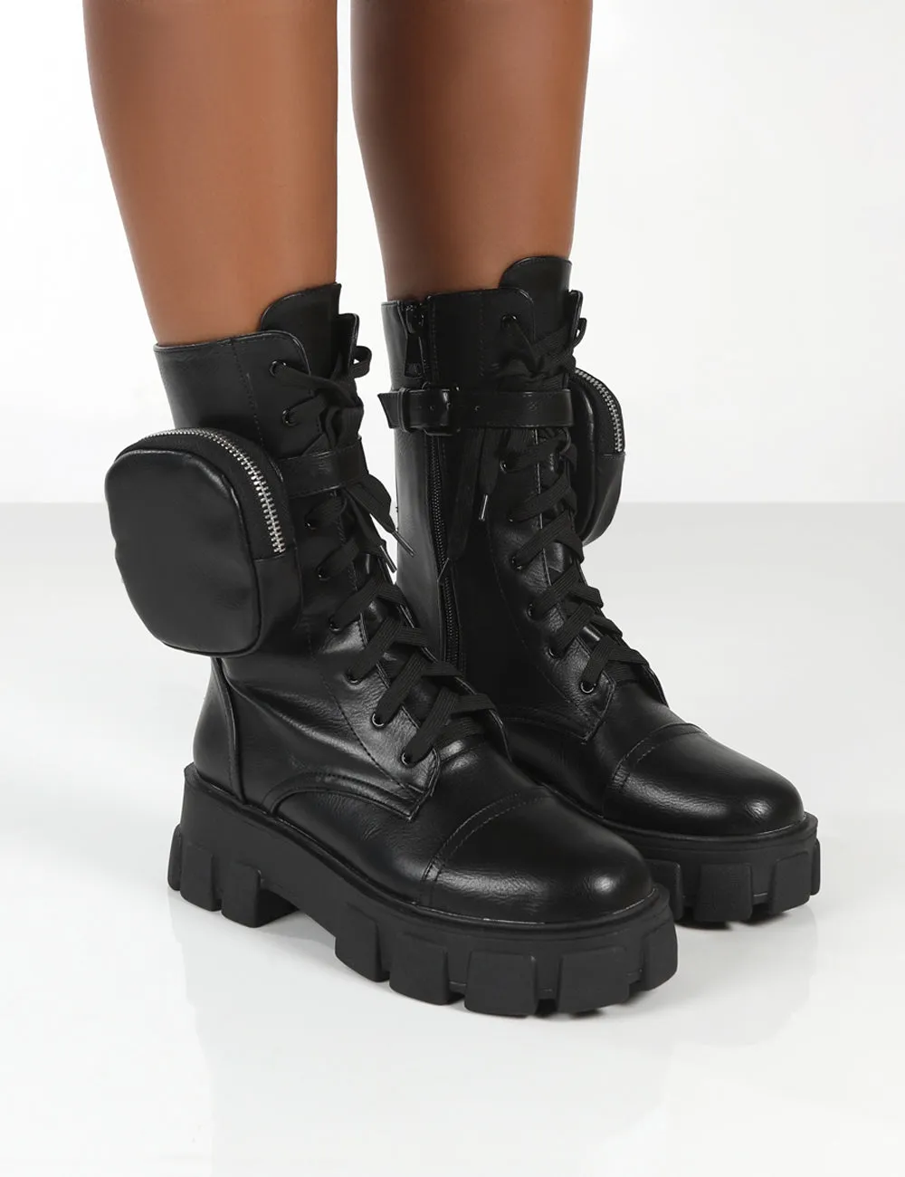 Intention Black Wide Fit Platform Chunky Sole Pouch Ankle Boots