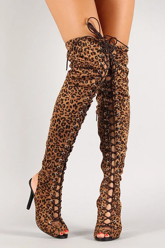 Jeanette -  Leopard Lace Up Back Cut Out Over-The-Knee Boot