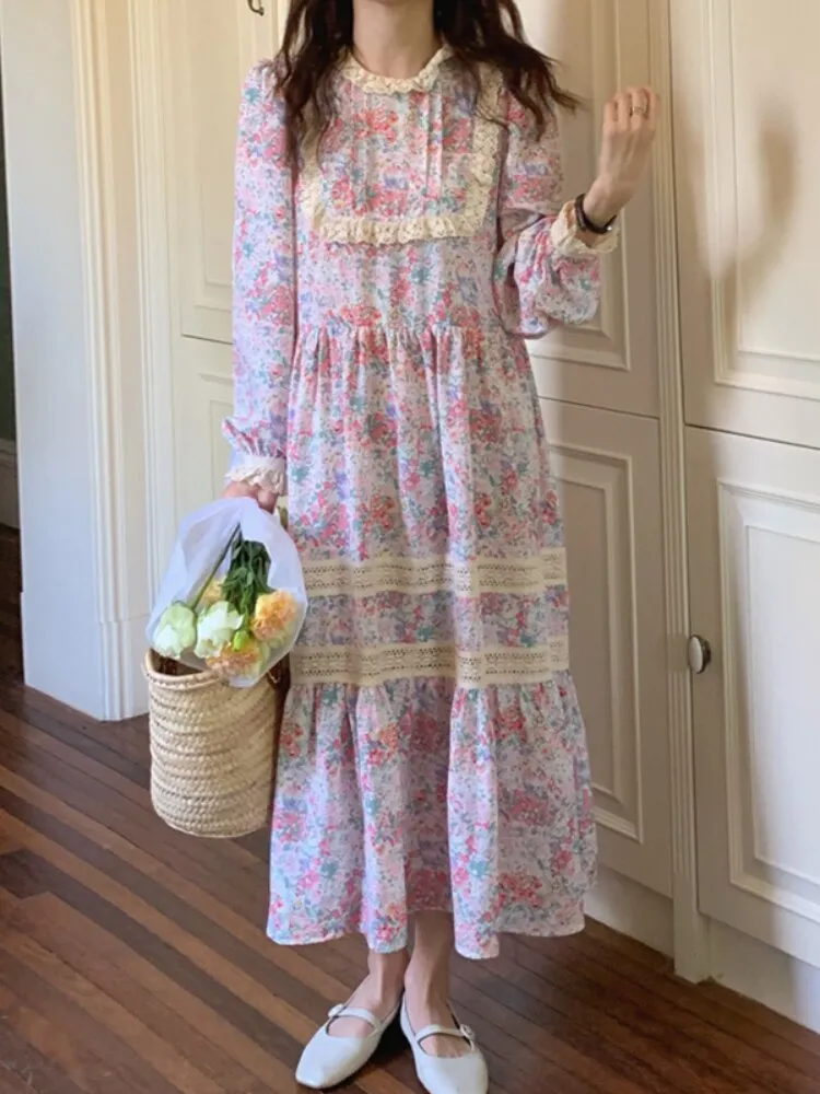 Joskaa Lace French Vintage Dress Women Floral Print Elegant Sweet Long Dress Female Patchwork Puff Sleeve Dress Fall Outfits 2024