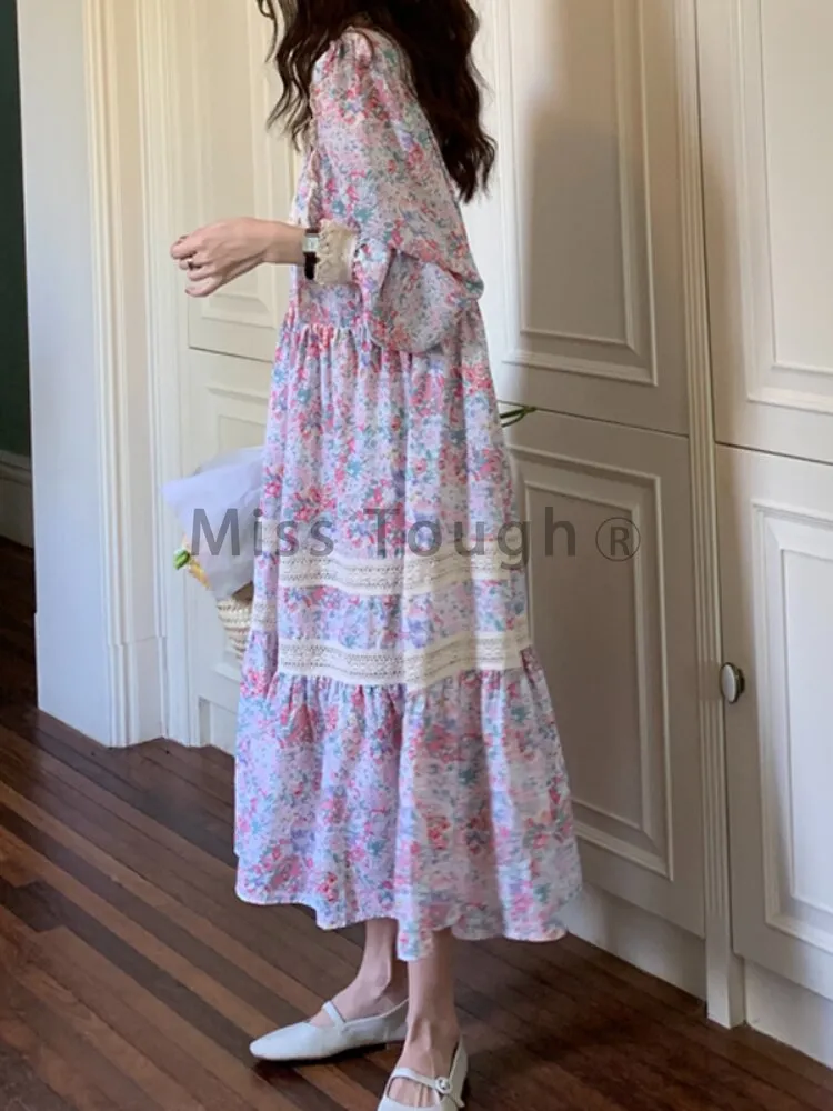 Joskaa Lace French Vintage Dress Women Floral Print Elegant Sweet Long Dress Female Patchwork Puff Sleeve Dress Fall Outfits 2024