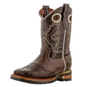 Kids Brown Crocodile Belly Print Cowboy Boots - Square Toe