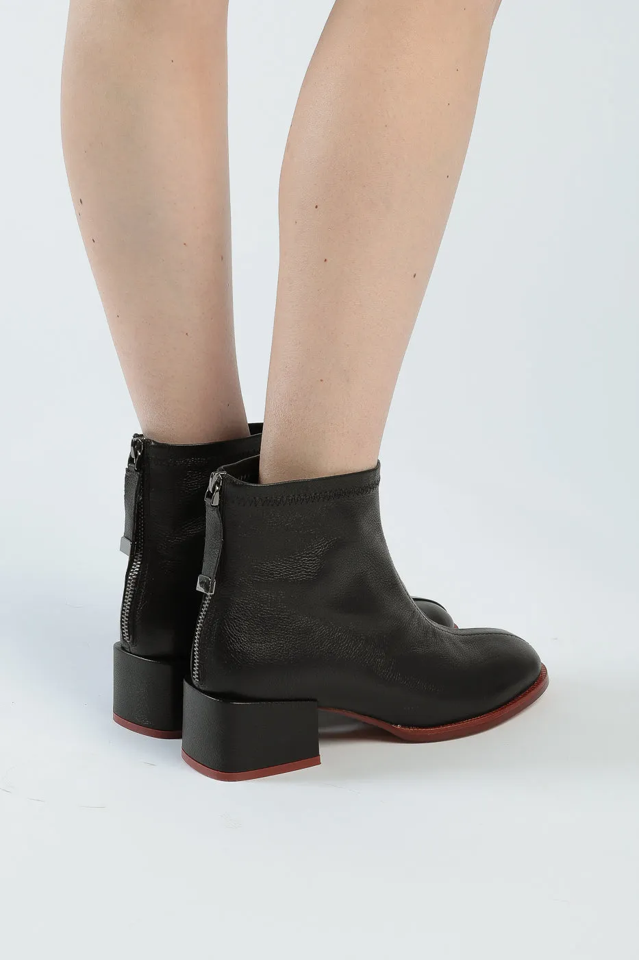 Leather Ankle Boots with Back Zipper - Black