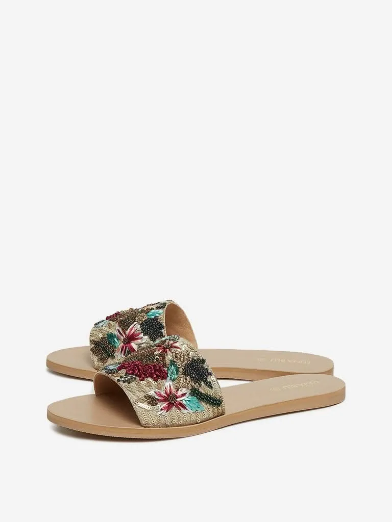 LUNA BLU Beige Raffia Floral Sequinned Slides