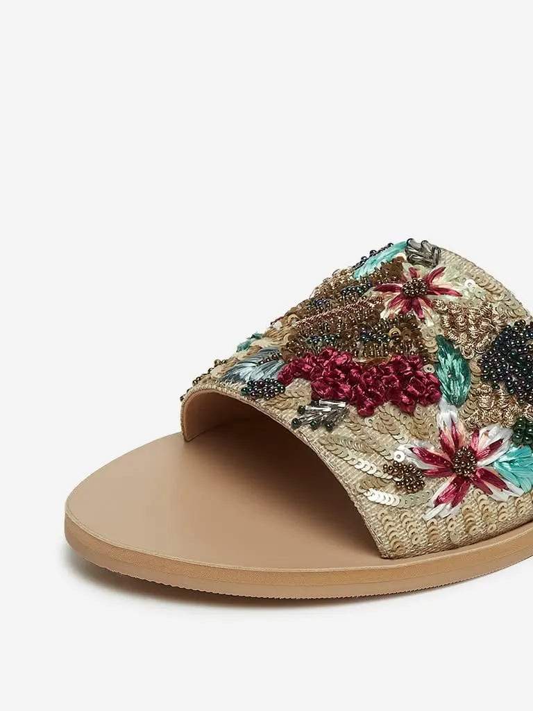 LUNA BLU Beige Raffia Floral Sequinned Slides