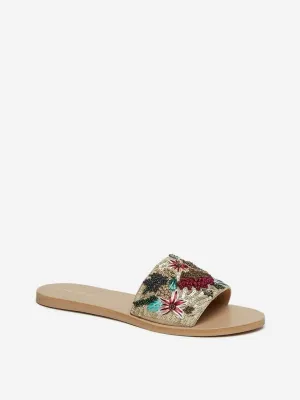 LUNA BLU Beige Raffia Floral Sequinned Slides