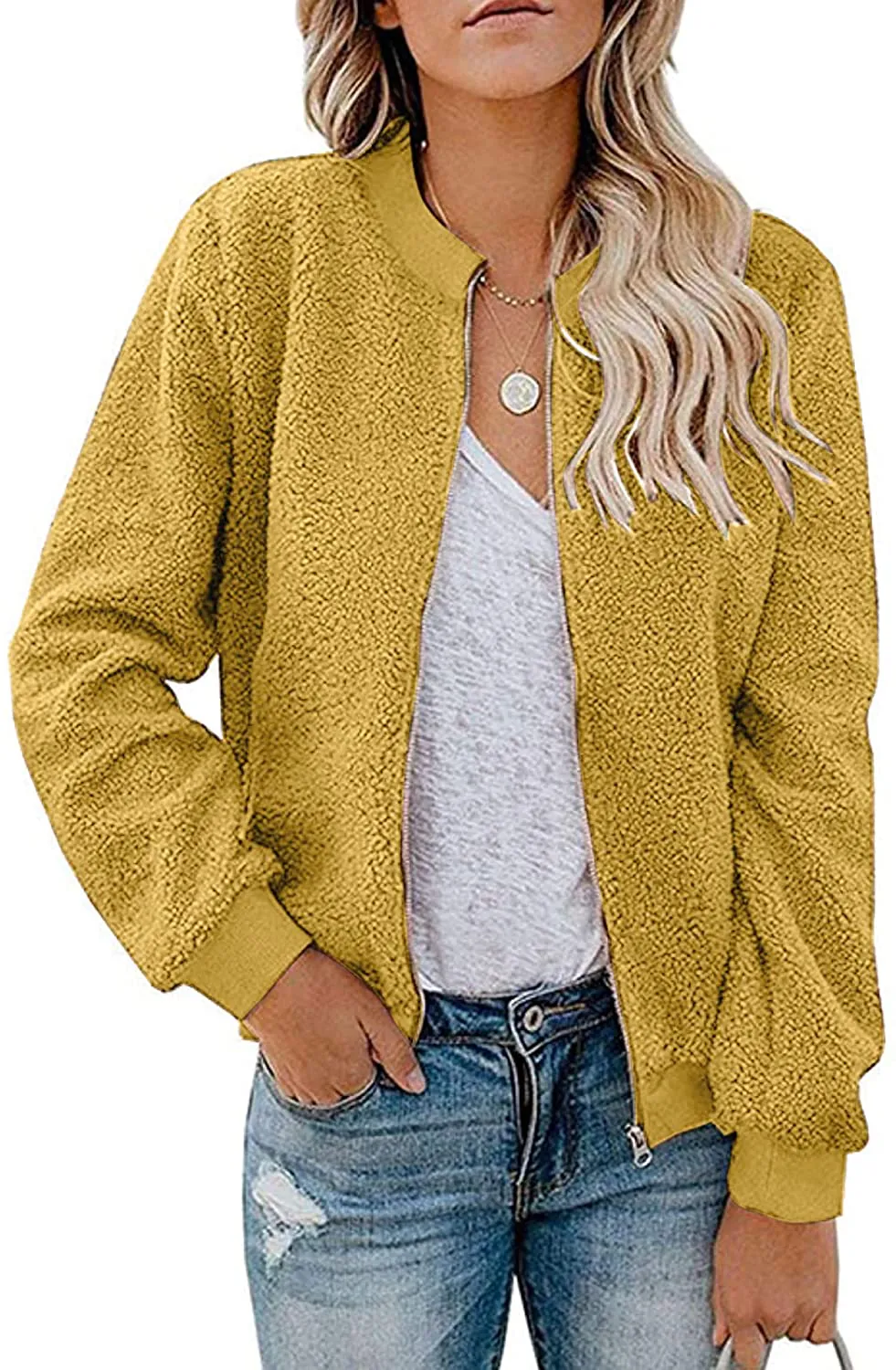 MIROL Women's Sherpa Fleece Jacket Faux Fuzzy Long Sleeve Casual Zip Up Bomber Coat