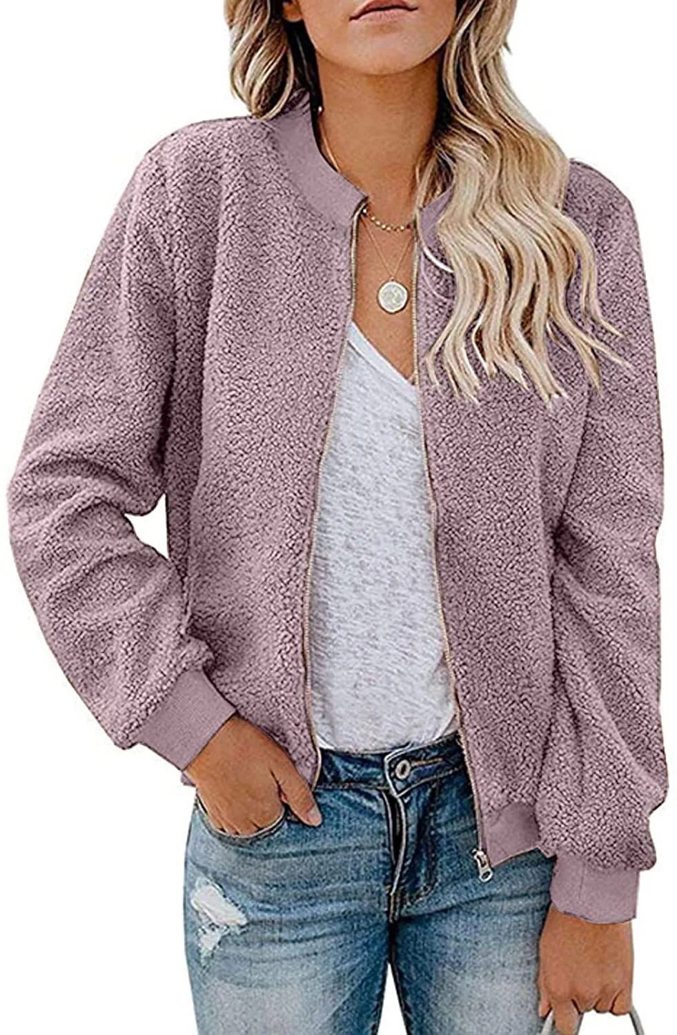 MIROL Women's Sherpa Fleece Jacket Faux Fuzzy Long Sleeve Casual Zip Up Bomber Coat