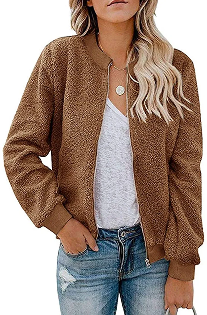 MIROL Women's Sherpa Fleece Jacket Faux Fuzzy Long Sleeve Casual Zip Up Bomber Coat