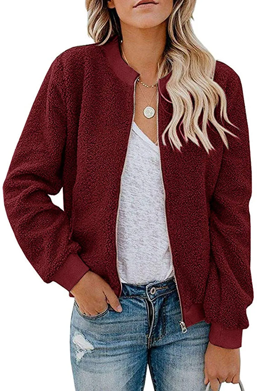 MIROL Women's Sherpa Fleece Jacket Faux Fuzzy Long Sleeve Casual Zip Up Bomber Coat