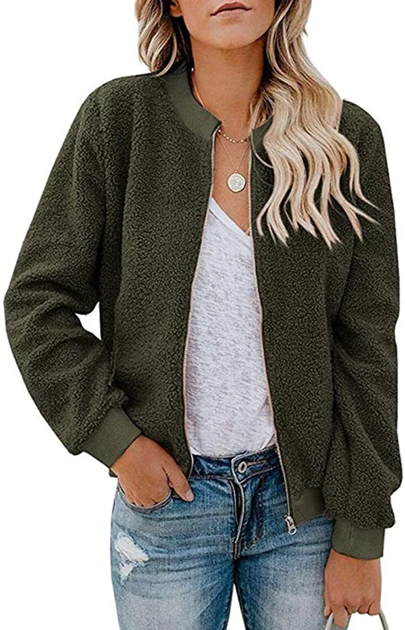 MIROL Women's Sherpa Fleece Jacket Faux Fuzzy Long Sleeve Casual Zip Up Bomber Coat