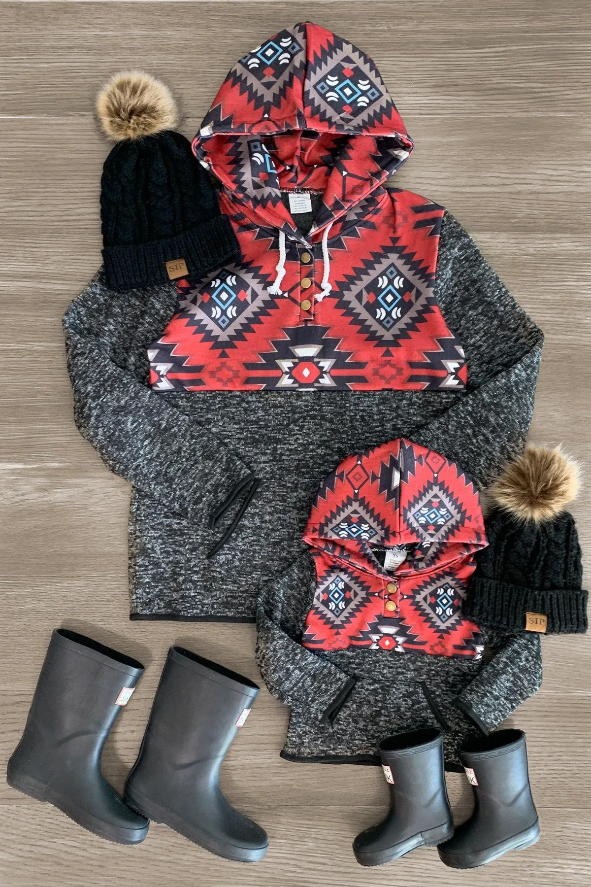 Mom & Me - Black & Red Southwestern Hoodie