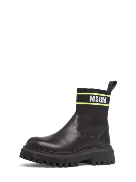 MSGM   Leather &amp; knit pull on boots w/logo 