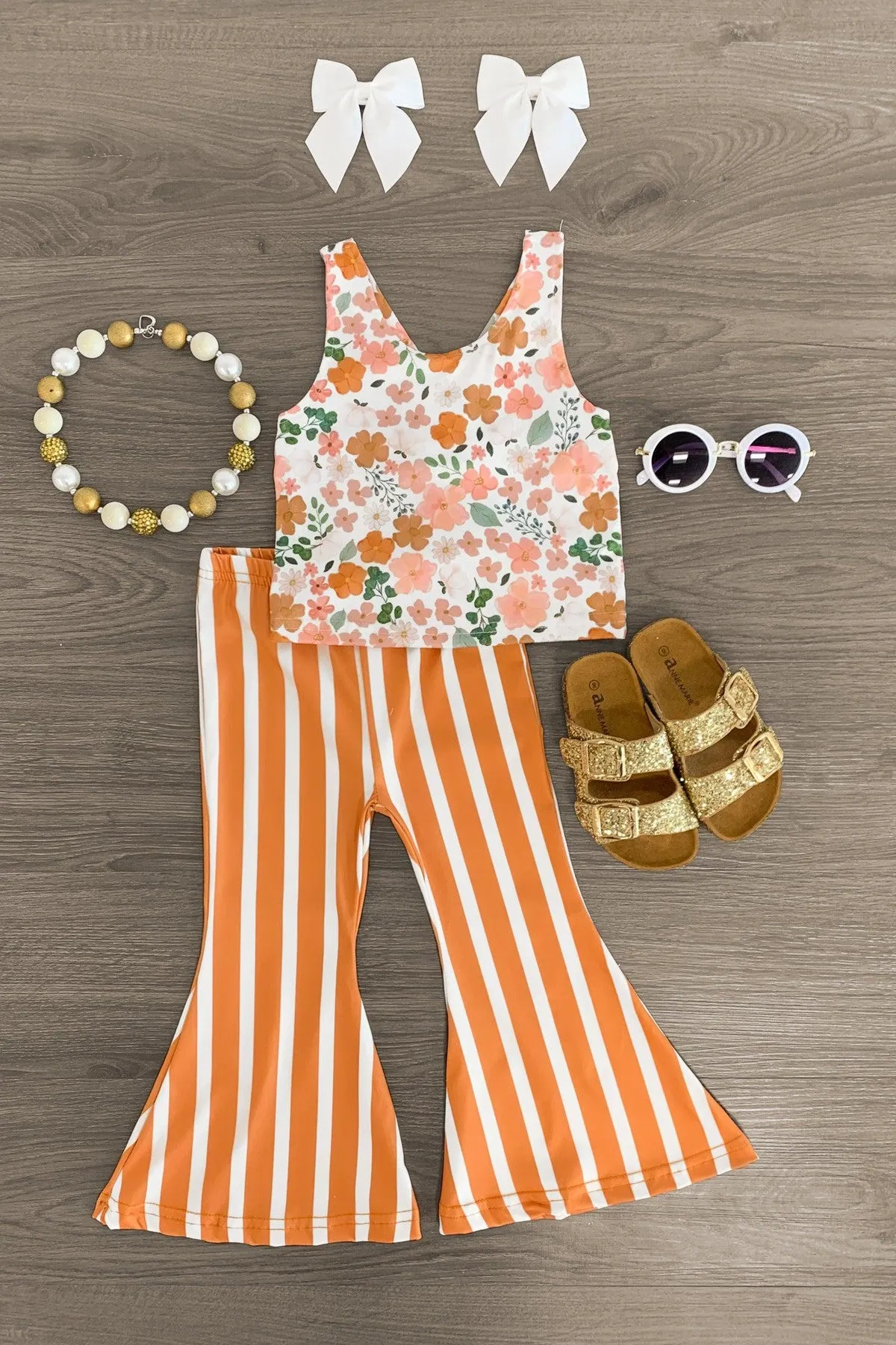 Orange Striped Floral Bell Bottom Set