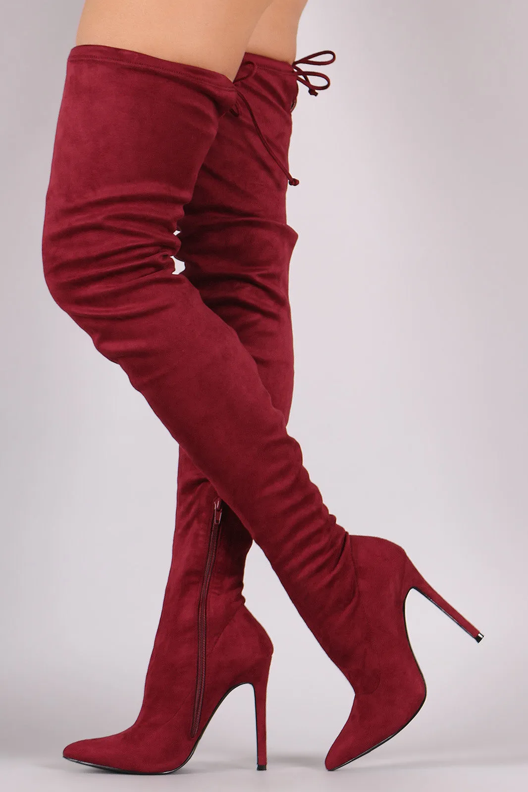 Pointy Toe Drawstring Tie Stiletto Suede Over-The-Knee Boots