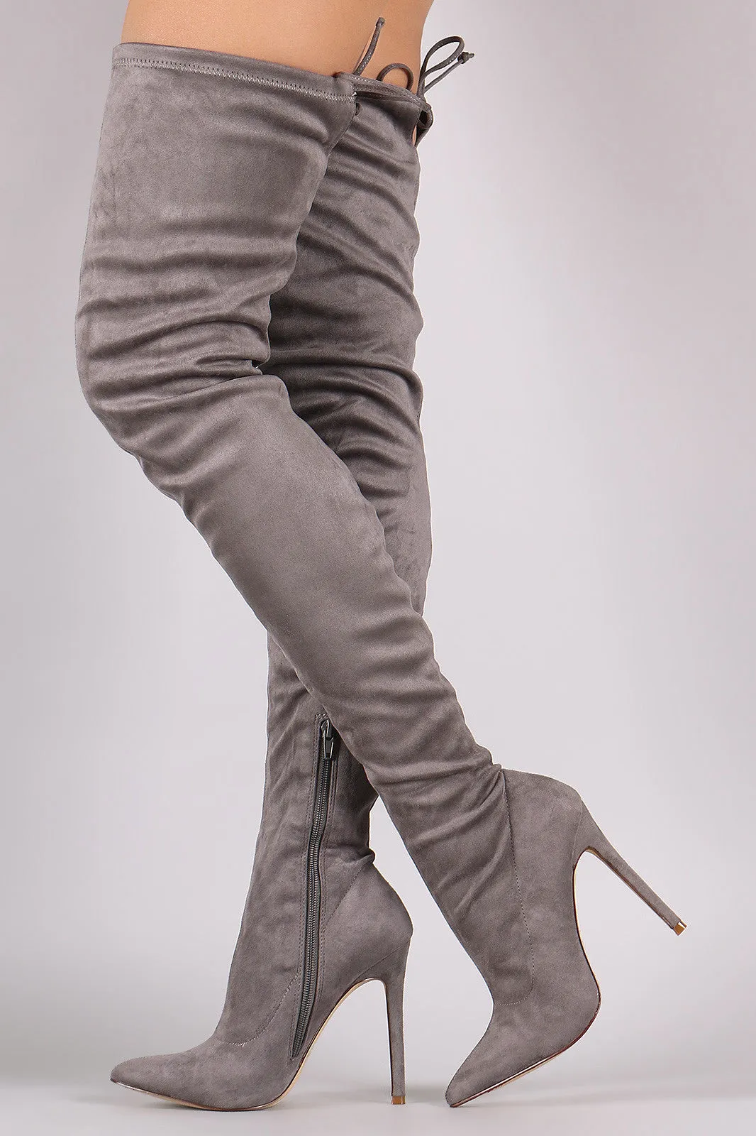 Pointy Toe Drawstring Tie Stiletto Suede Over-The-Knee Boots