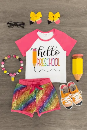 "Hello Preschool - 4th Grade" Rainbow Sequin Short Set