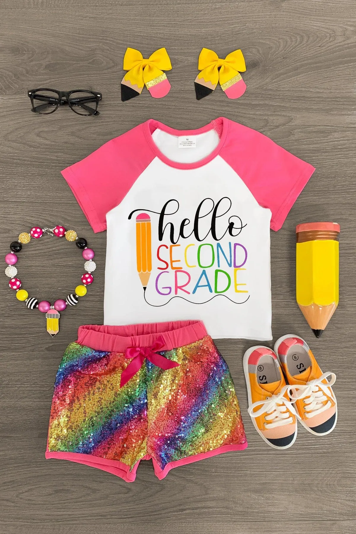 "Hello Preschool - 4th Grade" Rainbow Sequin Short Set