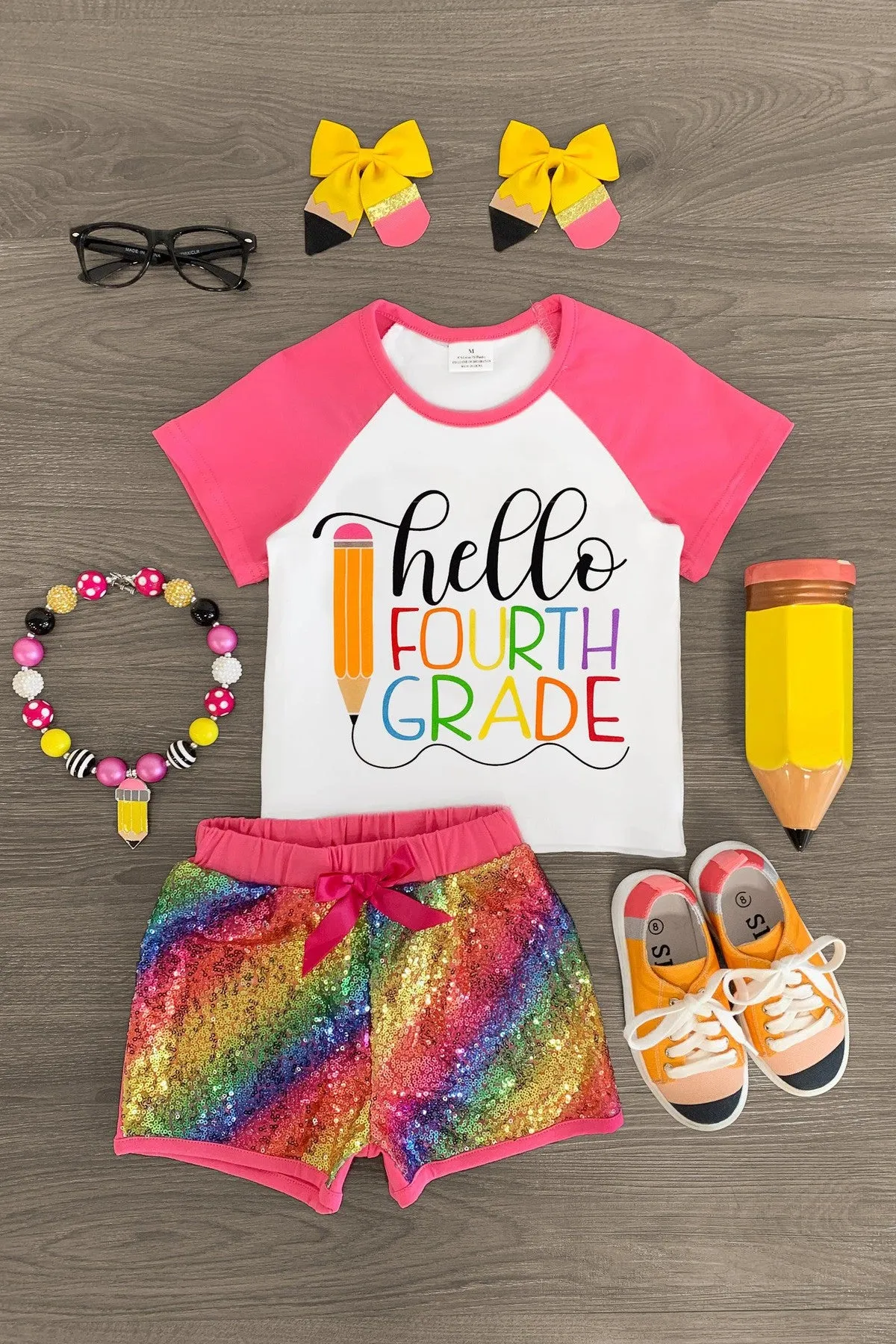 "Hello Preschool - 4th Grade" Rainbow Sequin Short Set