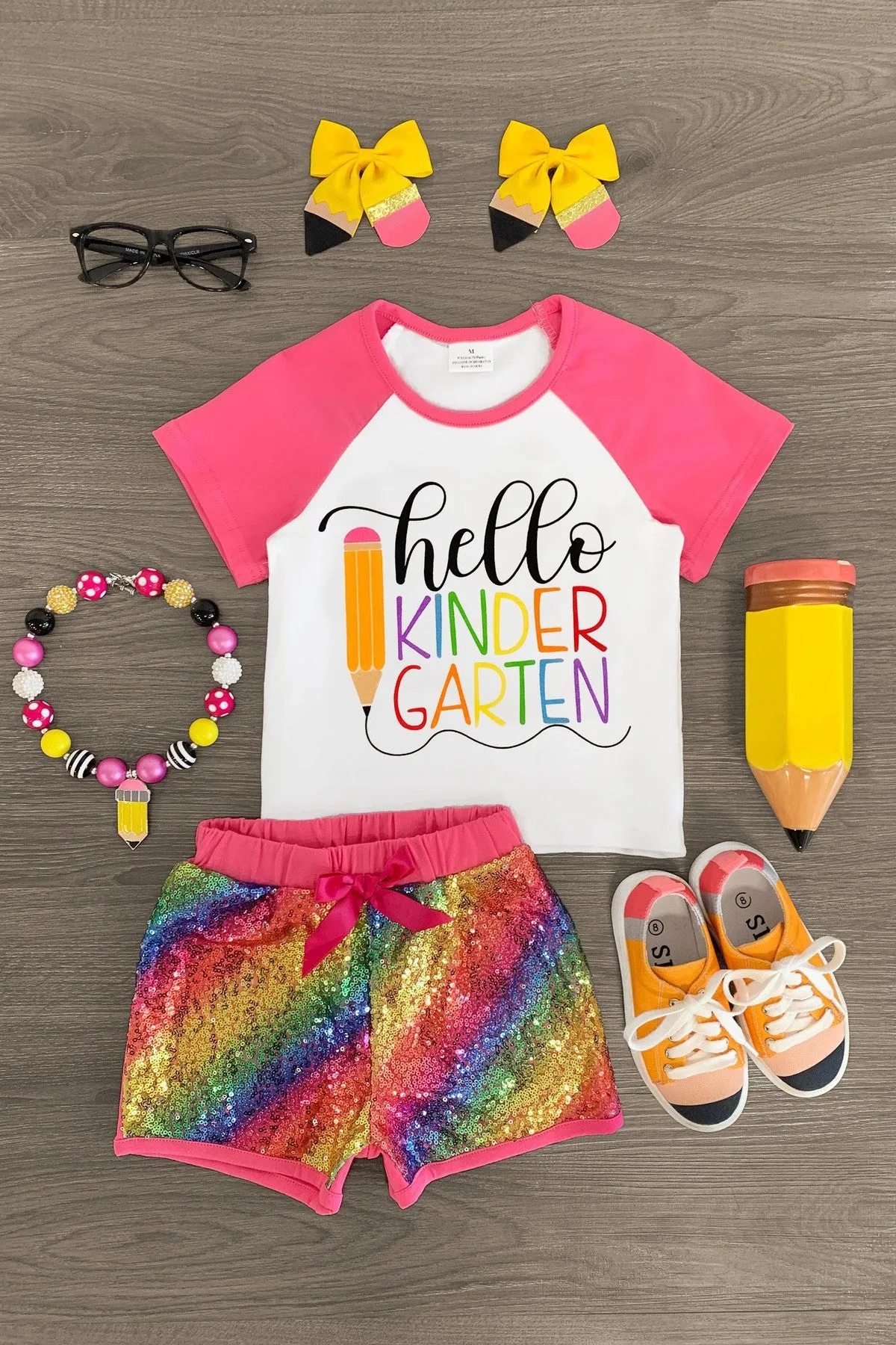 "Hello Preschool - 4th Grade" Rainbow Sequin Short Set