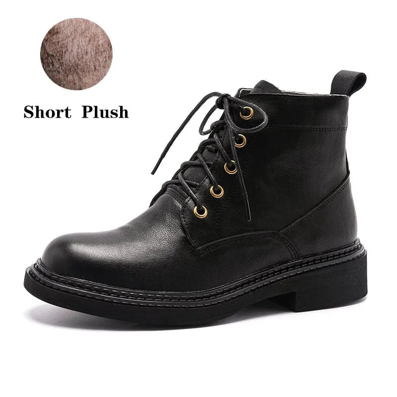 Retro Martin Boots Brush-Off Leather Round Toe Low Heel Bottine Flat Ankle Boots Black/Coffee