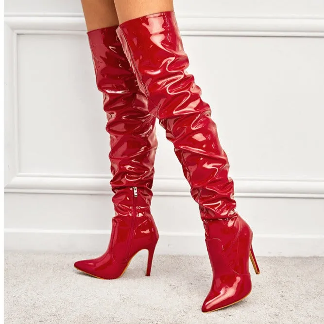 Sexy slouchy PU patent leather stiletto heels thigh high boots