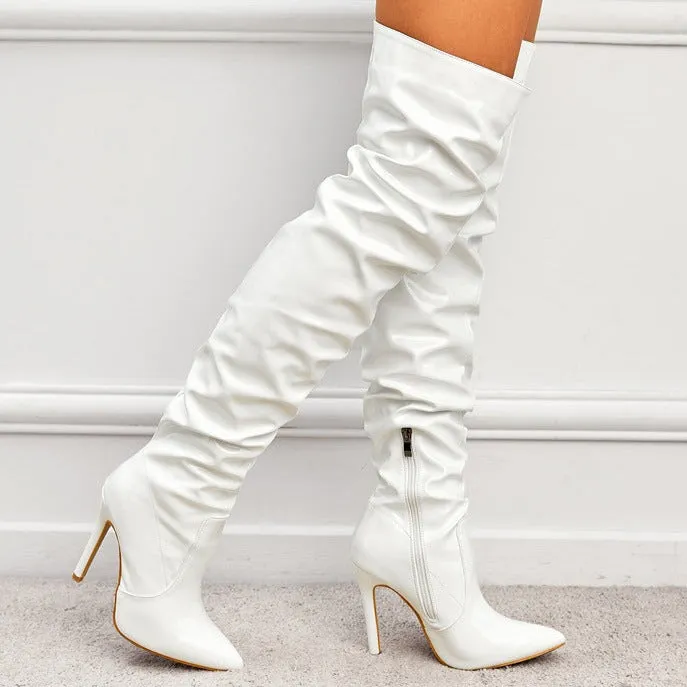 Sexy slouchy PU patent leather stiletto heels thigh high boots