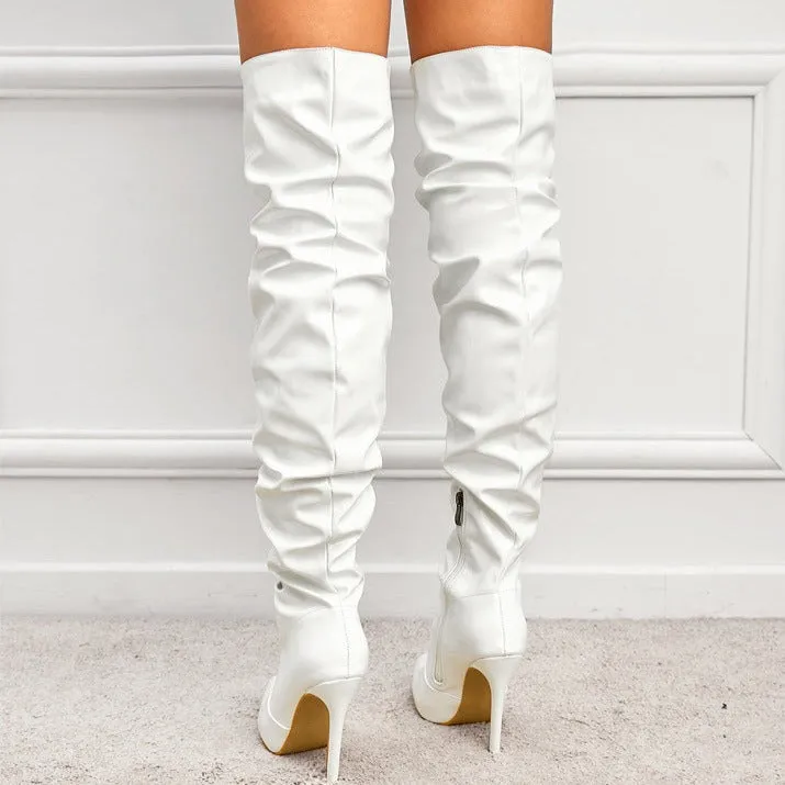 Sexy slouchy PU patent leather stiletto heels thigh high boots