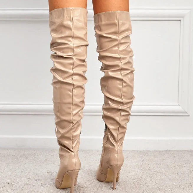 Sexy slouchy PU patent leather stiletto heels thigh high boots