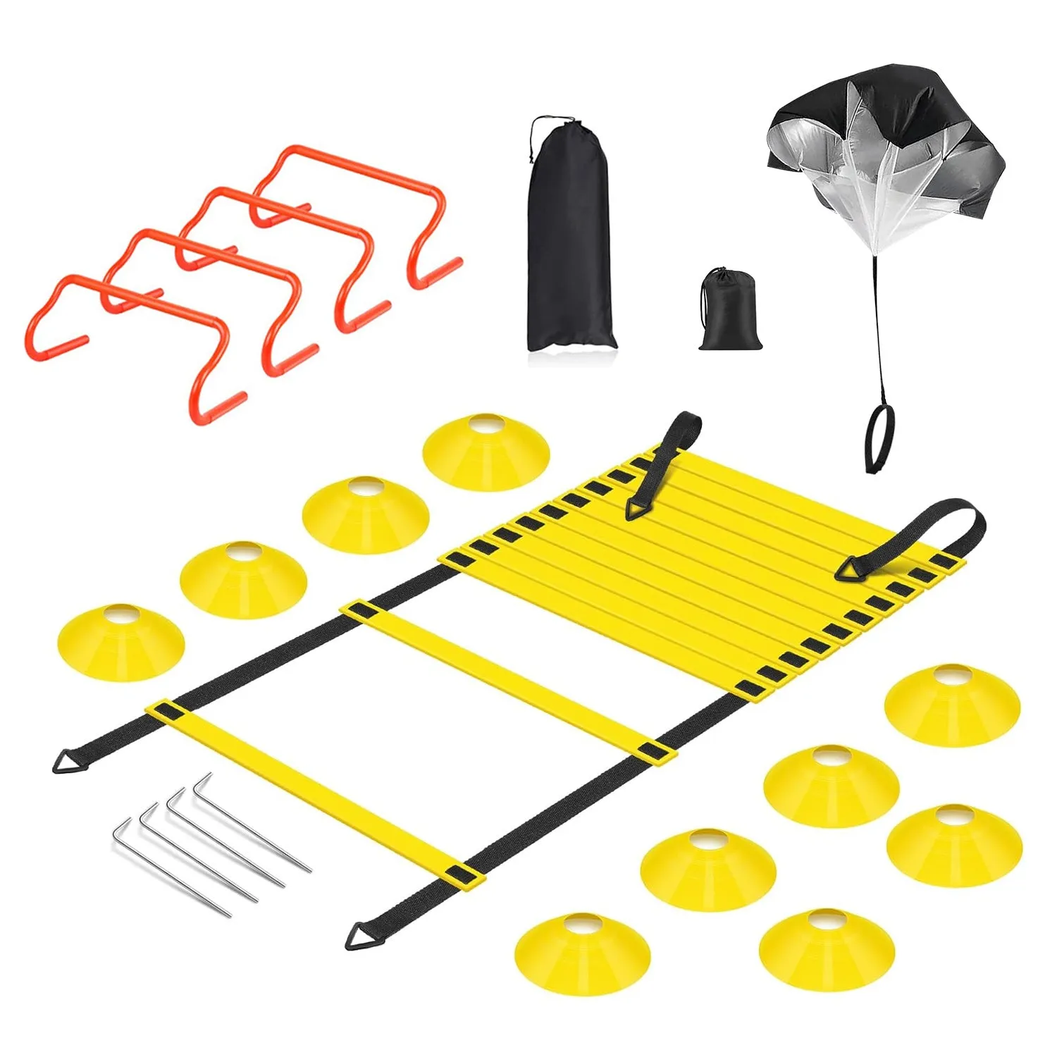 Speed Agility Training Equipment Set For Pro Beginner Including Cones Parachute Stakes Hurdles 19.68FT Ladder