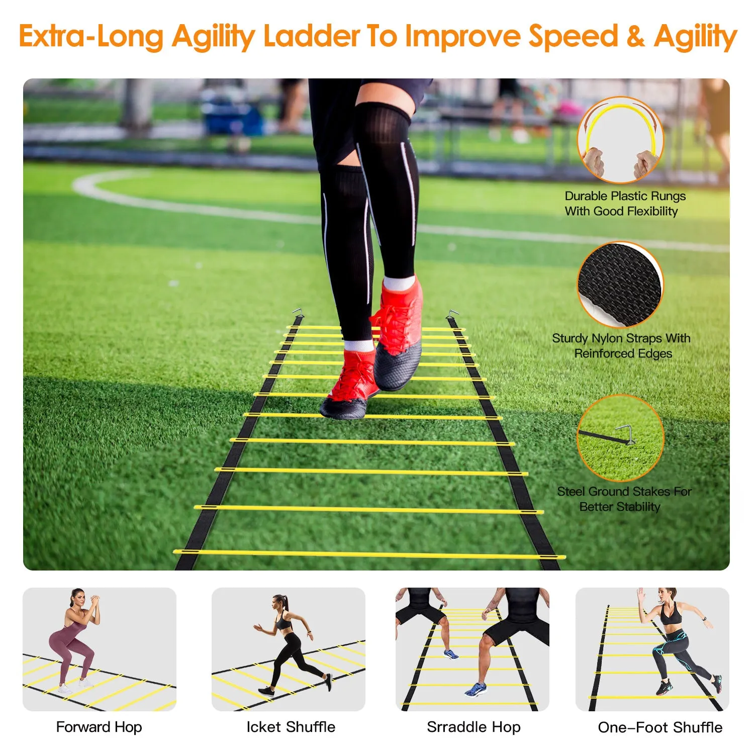 Speed Agility Training Equipment Set For Pro Beginner Including Cones Parachute Stakes Hurdles 19.68FT Ladder