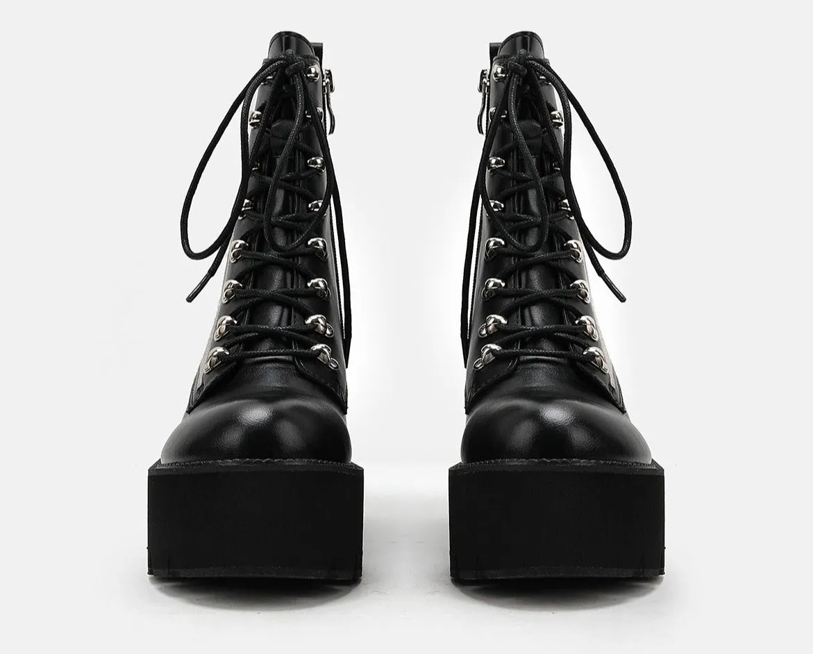 Spider Web Print Lace-Up Platform Ankle Boots